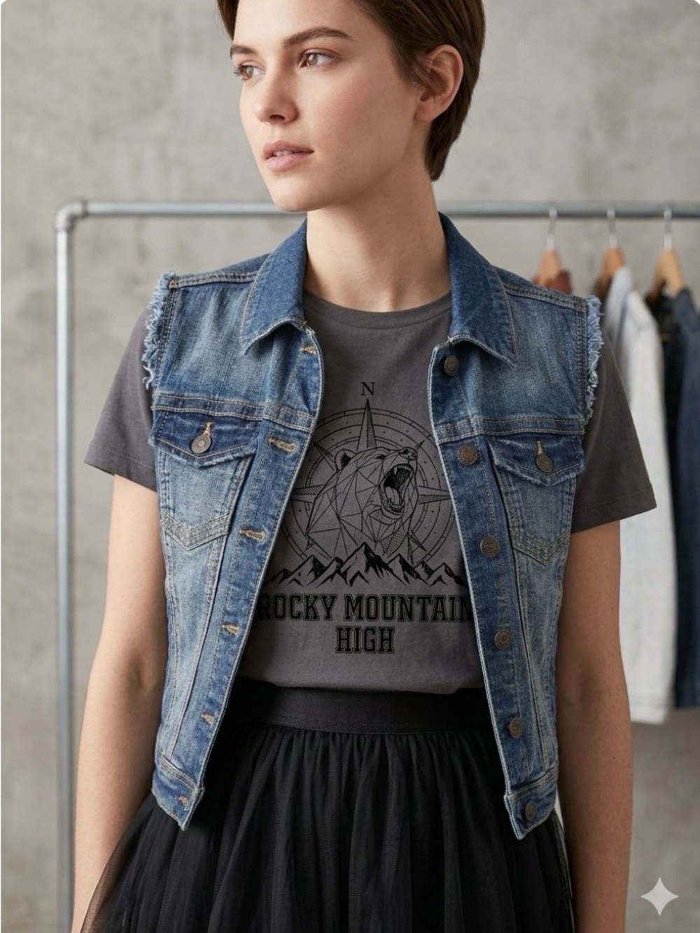 American Rag Distressed Blue Denim Vest
